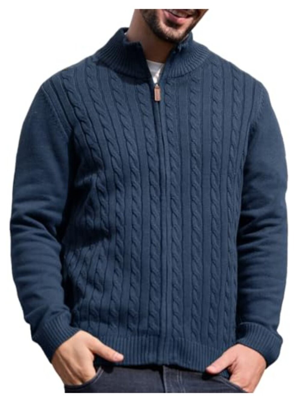Men's Cable Knit Full Zip Turtleneck Cardigan Sweater Slim Fit Warm